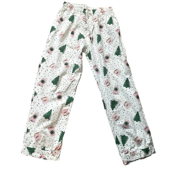8 Oak Lane Holiday Coffee Print Pajama Pants White Pink Green Trees XS/S - Picture 2 of 7